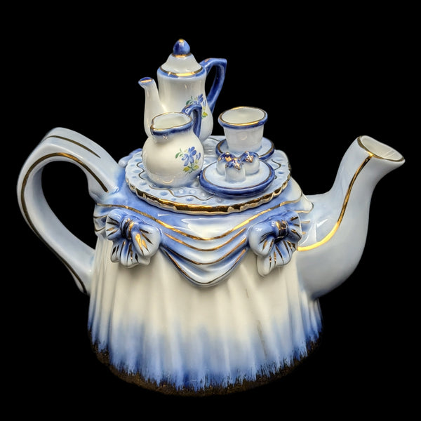 Figural "Tea Table" Teapot with Miniature Set (KPM-Style Mark), Circa Late 20th Century 💙👑✨
