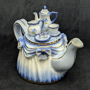 Figural "Tea Table" Teapot with Miniature Set (KPM-Style Mark), Circa Late 20th Century 💙👑✨