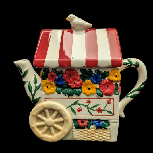 Pfaltzgraff "Painterly Bouquet" Figural Teapot (Flower Cart) 🌸🛒🐦