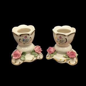 Paar Miniatur-Kerzenhalter aus Porzellan im Dresdner Stil (rosa Rosen &amp; Goldverzierungen) 🌹🕯️🇩🇪