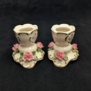 Paar Miniatur-Kerzenhalter aus Porzellan im Dresdner Stil (rosa Rosen &amp; Goldverzierungen) 🌹🕯️🇩🇪