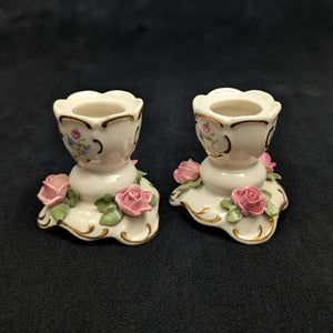 Paar Miniatur-Kerzenhalter aus Porzellan im Dresdner Stil (rosa Rosen &amp; Goldverzierungen) 🌹🕯️🇩🇪
