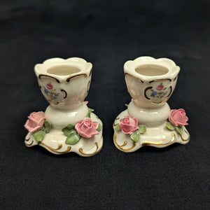 Paar Miniatur-Kerzenhalter aus Porzellan im Dresdner Stil (rosa Rosen &amp; Goldverzierungen) 🌹🕯️🇩🇪