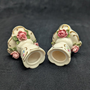 Paar Miniatur-Kerzenhalter aus Porzellan im Dresdner Stil (rosa Rosen &amp; Goldverzierungen) 🌹🕯️🇩🇪
