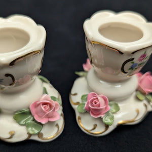 Paar Miniatur-Kerzenhalter aus Porzellan im Dresdner Stil (rosa Rosen &amp; Goldverzierungen) 🌹🕯️🇩🇪