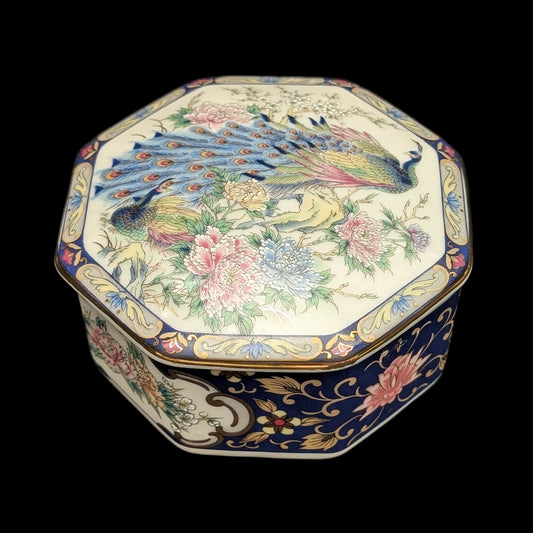 Octagonal Porcelain Trinket Box (Peacock Imari Style) 💙🦚🌸