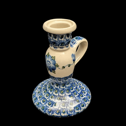 Authentic Polish Pottery Chamberstick Candlestick (Ceramika Artystyczna, Peacock Eye Pattern) 🇵🇱🕯️💙