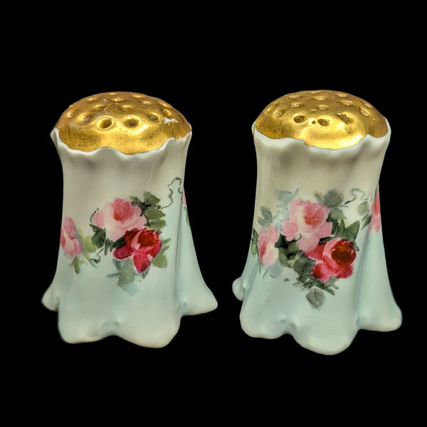 Listing: Vintage Scalloped Porcelain Salt & Pepper Shakers (Gilded Tops, Hand Painted) 🌹✨🍽️
