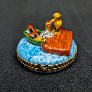 Authentic Limoges Porcelain Trinket Box (Hand-Painted Fishing Dock Scene) 🇫🇷🎣🐟