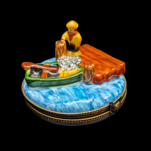 Authentic Limoges Porcelain Trinket Box (Hand-Painted Fishing Dock Scene) 🇫🇷🎣🐟