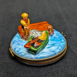 Authentic Limoges Porcelain Trinket Box (Hand-Painted Fishing Dock Scene) 🇫🇷🎣🐟