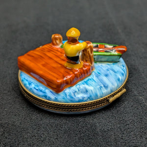 Authentic Limoges Porcelain Trinket Box (Hand-Painted Fishing Dock Scene) 🇫🇷🎣🐟