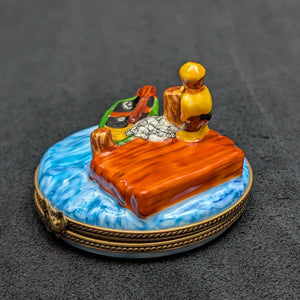 Authentic Limoges Porcelain Trinket Box (Hand-Painted Fishing Dock Scene) 🇫🇷🎣🐟