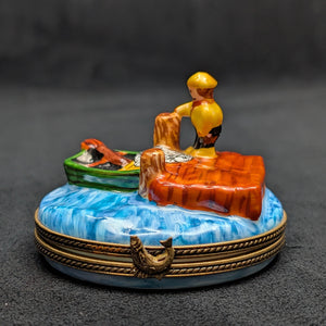 Authentic Limoges Porcelain Trinket Box (Hand-Painted Fishing Dock Scene) 🇫🇷🎣🐟