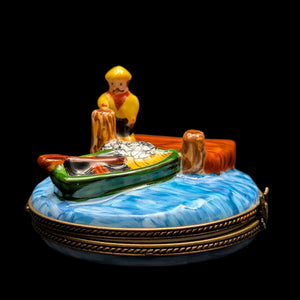 Authentic Limoges Porcelain Trinket Box (Hand-Painted Fishing Dock Scene) 🇫🇷🎣🐟