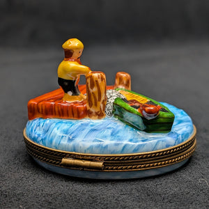 Authentic Limoges Porcelain Trinket Box (Hand-Painted Fishing Dock Scene) 🇫🇷🎣🐟