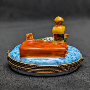 Authentic Limoges Porcelain Trinket Box (Hand-Painted Fishing Dock Scene) 🇫🇷🎣🐟