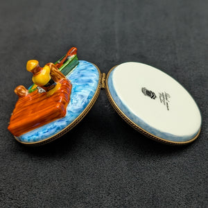 Authentic Limoges Porcelain Trinket Box (Hand-Painted Fishing Dock Scene) 🇫🇷🎣🐟