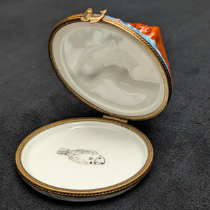 Authentic Limoges Porcelain Trinket Box (Hand-Painted Fishing Dock Scene) 🇫🇷🎣🐟