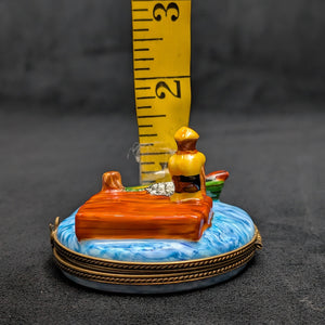 Authentic Limoges Porcelain Trinket Box (Hand-Painted Fishing Dock Scene) 🇫🇷🎣🐟