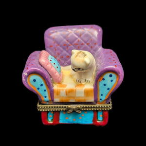 Miniature Whimsical Cat-on-Sofa Hinged Trinket Box (Maximalist Purple & Polka Dots) 🐈💜✨