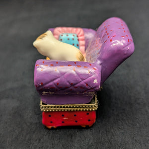 Miniature Whimsical Cat-on-Sofa Hinged Trinket Box (Maximalist Purple & Polka Dots) 🐈💜✨