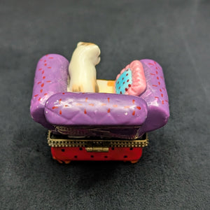 Miniature Whimsical Cat-on-Sofa Hinged Trinket Box (Maximalist Purple & Polka Dots) 🐈💜✨