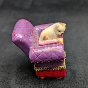 Miniature Whimsical Cat-on-Sofa Hinged Trinket Box (Maximalist Purple & Polka Dots) 🐈💜✨