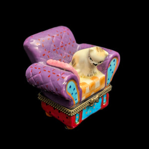 Miniature Whimsical Cat-on-Sofa Hinged Trinket Box (Maximalist Purple & Polka Dots) 🐈💜✨