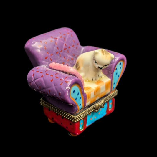 Miniature Whimsical Cat-on-Sofa Hinged Trinket Box (Maximalist Purple & Polka Dots) 🐈💜✨