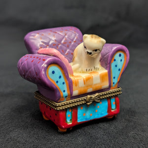 Miniature Whimsical Cat-on-Sofa Hinged Trinket Box (Maximalist Purple & Polka Dots) 🐈💜✨