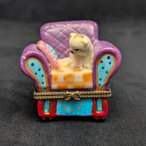 Miniature Whimsical Cat-on-Sofa Hinged Trinket Box (Maximalist Purple & Polka Dots) 🐈💜✨