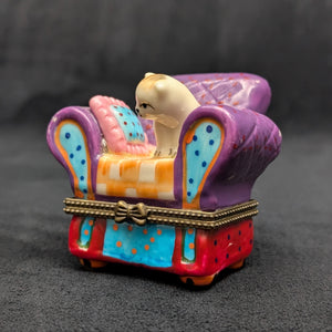 Miniature Whimsical Cat-on-Sofa Hinged Trinket Box (Maximalist Purple & Polka Dots) 🐈💜✨