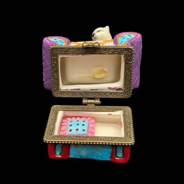 Miniature Whimsical Cat-on-Sofa Hinged Trinket Box (Maximalist Purple & Polka Dots) 🐈💜✨