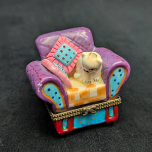Miniature Whimsical Cat-on-Sofa Hinged Trinket Box (Maximalist Purple & Polka Dots) 🐈💜✨