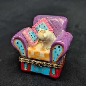 Miniature Whimsical Cat-on-Sofa Hinged Trinket Box (Maximalist Purple & Polka Dots) 🐈💜✨