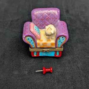 Miniature Whimsical Cat-on-Sofa Hinged Trinket Box (Maximalist Purple & Polka Dots) 🐈💜✨
