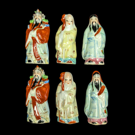 Vintage Chinese Ceramic Figurines Set of 6 (Fuk Luk Sau / Three Star Gods) 🇨🇳💰🍑
